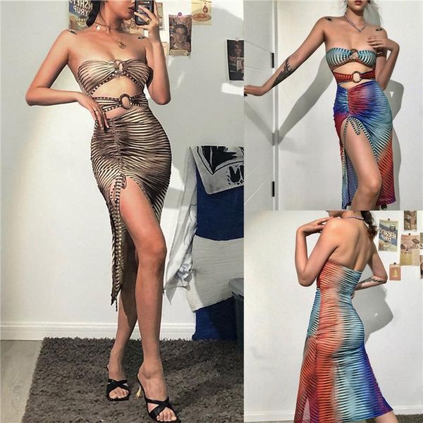 

casual dresses imcute women’s tube skinny dress fashion printing hollow drawstring split short, Black;gray