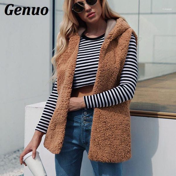 

women autumn winter vintage faux lamb wool waistcoat sleeveless hooded hoodies fur vest hood outwear coat genuo xxxl1, Black