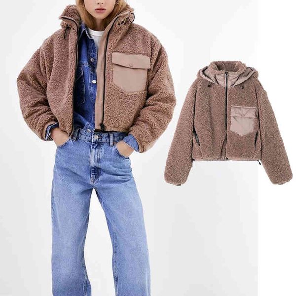 

women's down & parkas fashion women lamb wool autumn winter splicing hooded jacket shaggy warm cropped jackets overcoat zipper out be47, Black