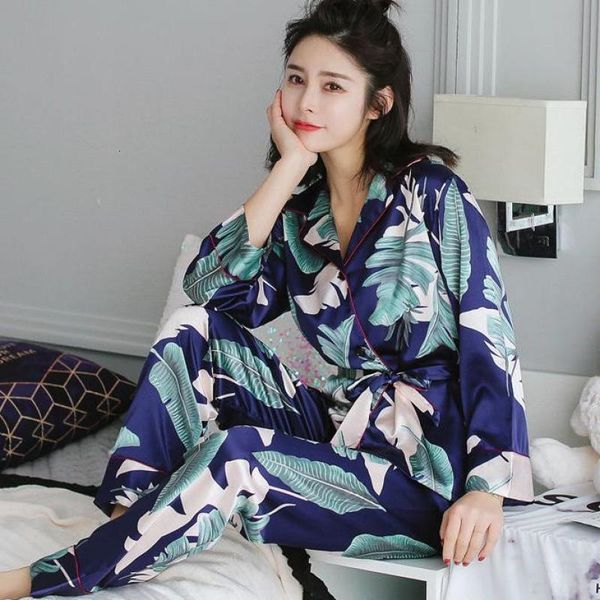 

women's sleepwear lapel pajamas suit with belt satin button-down nightwear long sleeve home clothes spring pyjamas pour femme, Black;red