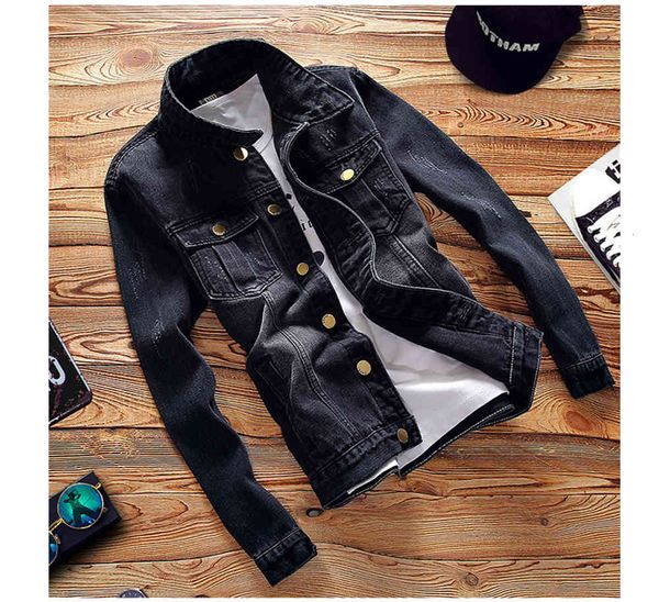 

downs spring and autumn fashion lapel thin men's denim jacket clothing, Black