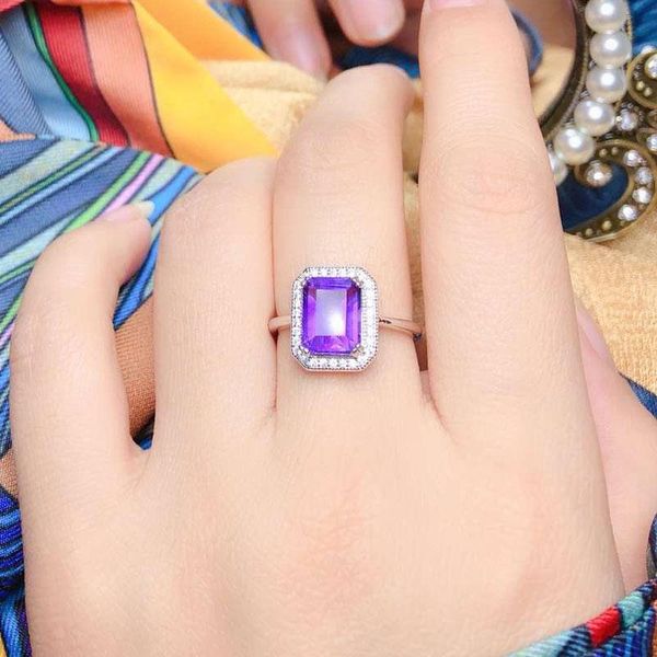 

colife jewelry silver amethyst ring for office woman natural emerald cut sterling cluster rings, Golden;silver