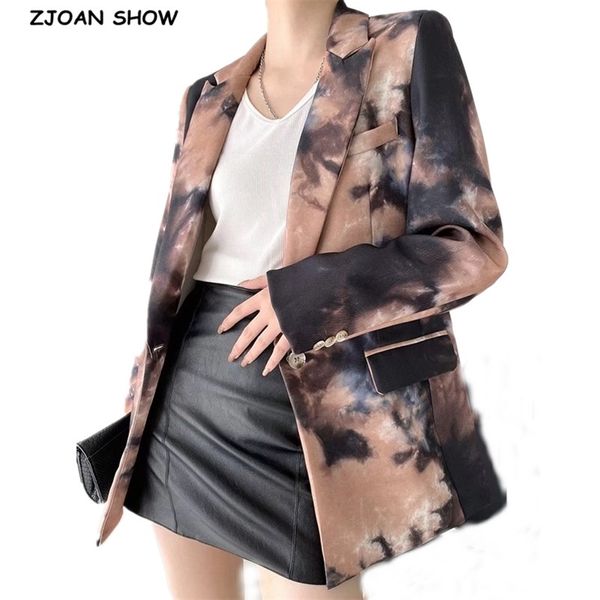 Autunno CHIC One Button Coffee Ink Graffiti Tie dye Stampa Blazer Vintage BF Style Mid Long Women Suit Coat Loose Femme 210429