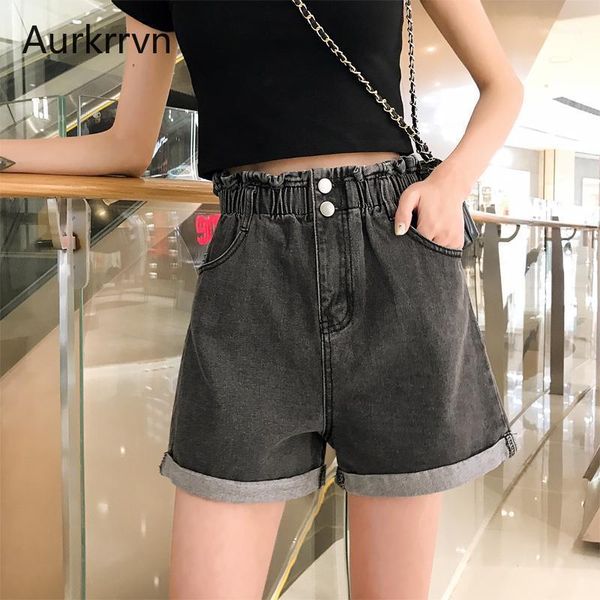 

women's jeans aurkrrvn elastic waist summer shorts jean female wide leg bleached casual woman denim cuffs hem women short1, Blue