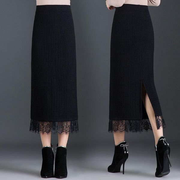 

women's lace knitted spring autumn high waist slit wool skirt woman skirts mujer faldas saias mulher, Black