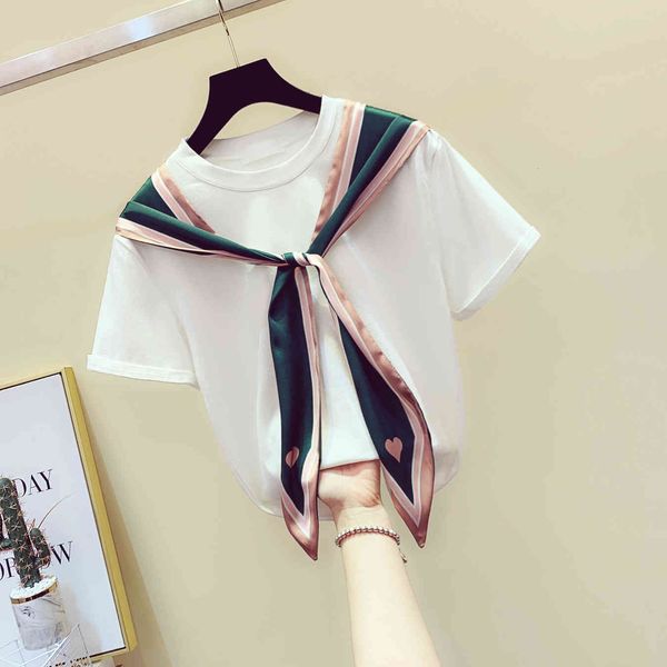 

tee fashion white shirt women scarf stitching short-sleeved women's simple cotton t-shirt