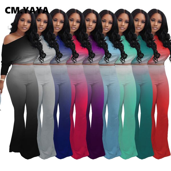 

active elastic gradient sweatsuit womens set off shoulder flare pants suit trasuit two piece set fitness outfitby air, White