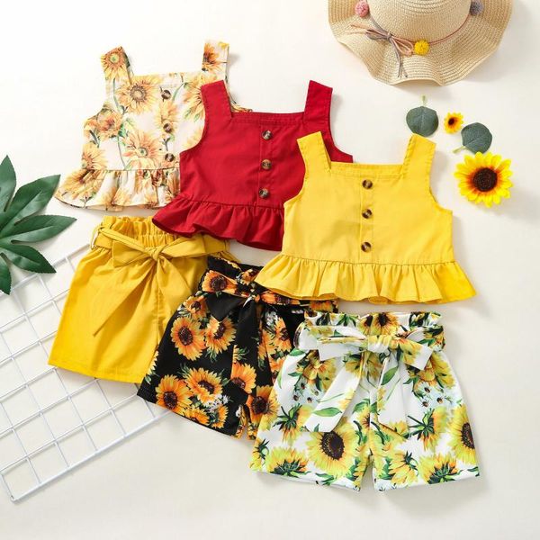 

clothing sets toddler kids baby girls sunflowers button ruffled +floral bow shorts outfits 12 18 24 months 3 4 years, White