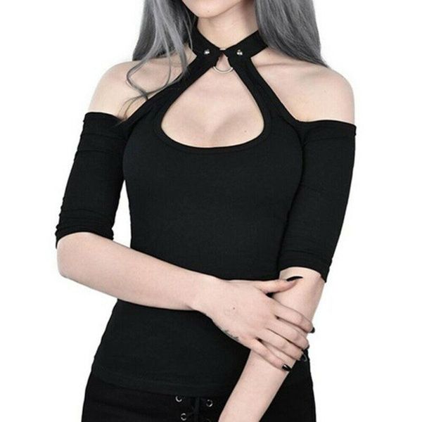 

women's t-shirt 2021 women ladies summer bandage halter style gothic cold shoulder neck chain punk crop vest shirts, White