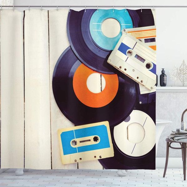 

shower curtains indie gramophone records and old audio cassettes on wooden table nostalgia music cloth fabric bathroom decor set