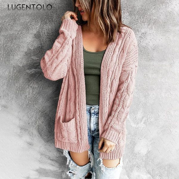 

women's knits & tees knitted sweater women twist solid long sleeve atuumn loose female casual simple pocket cardigan sweaters, White
