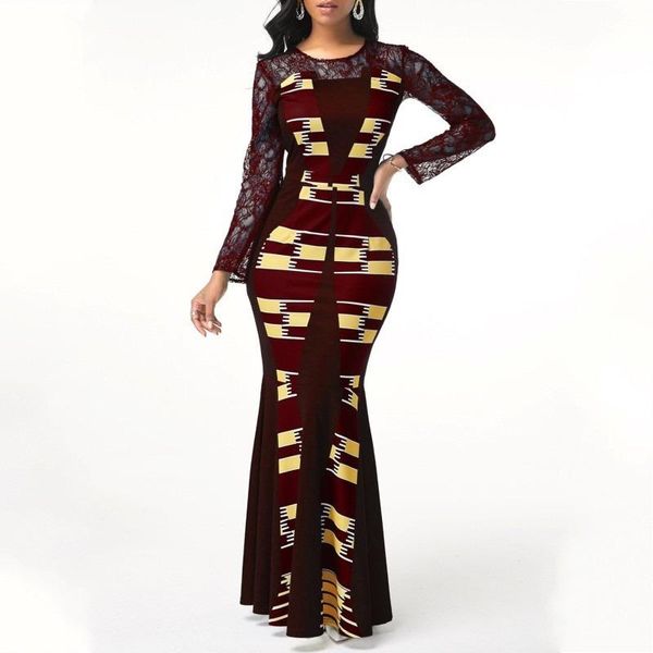 

ethnic clothing 2021 casual plus size slim patchwork lace maxi dresses elegant long dress 5xl 4xl africa african for women, Red
