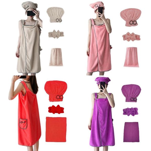 

women 4pcs absorbent coral velvet spa bath wrap cover up set fleece bathrobe shower towel tube dress with hat headband