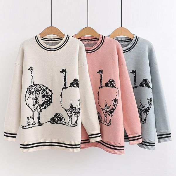 

women's sweaters autumn knitting cartoon pattern pullovers preppy style long sleeve o neck slim jumper soft patchwork color top, White;black