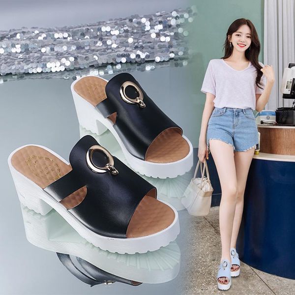 

slippers 2021 summer fashion large size sandals thick with the word women casual wear, Black