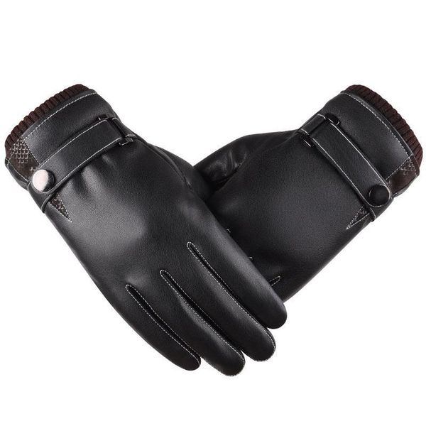 

man full-finger warm outdoor thickened pu winter brushed cycling driving touch phone screen gloves, Black