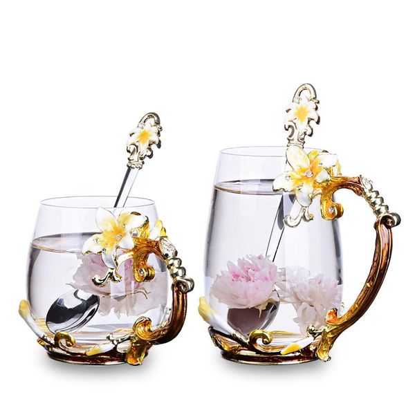 

wine glasses enamel glass cup pink/yellow lily flower handgrip style coffee tea heat-resistant water drinkware lovers