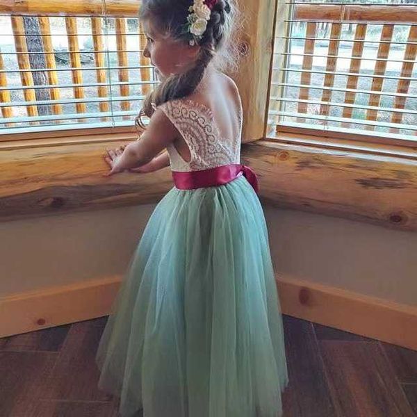 

kids girls long lace dress for wedding straight tulle sundress teens fairy princess vestido clothing 210529, Red;yellow
