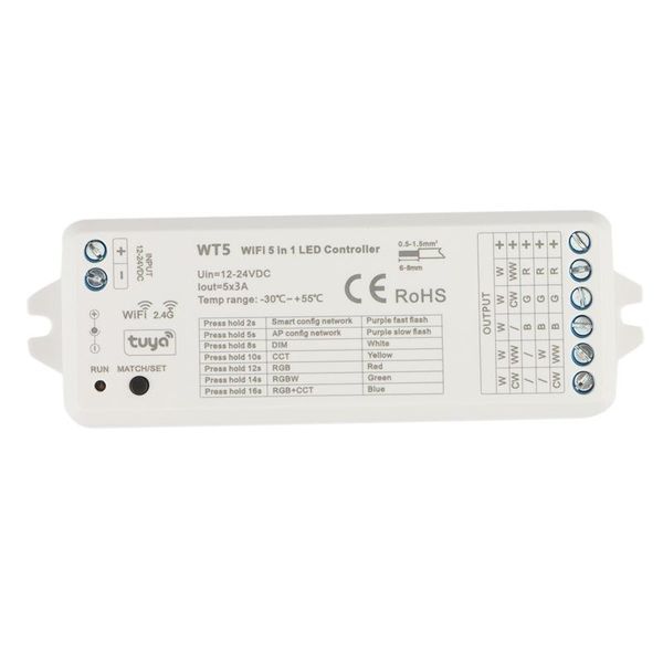 

smart home control tuya led controller 5 in 1 dimmer cct rgb rgbw rgbww rgbcct strip life wifi 2.4g rf remote 12-24v wt5