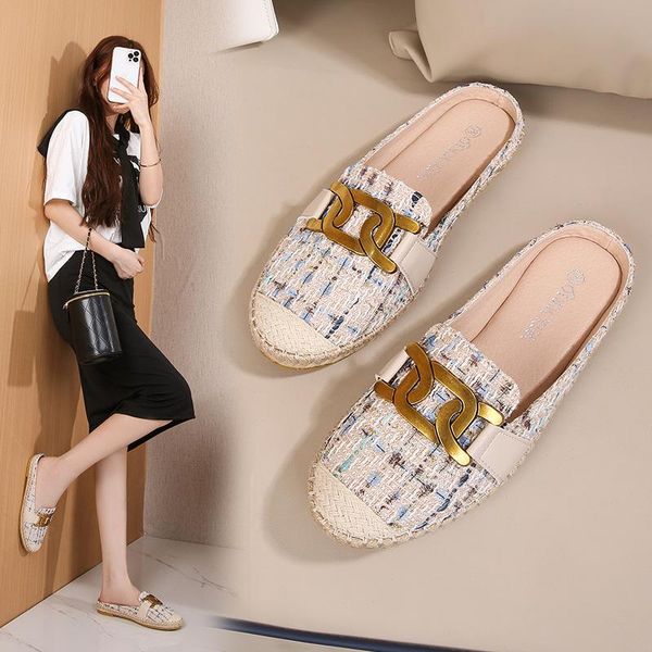 

slippers fisherman shoes women flat casual loafer canvas comfortable mules woven lazy half, Black