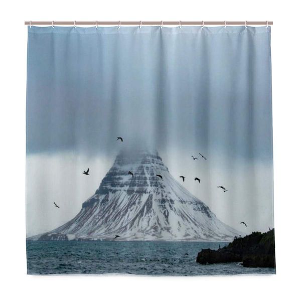 

shower curtain,ocean winter seascape lonely isolated island floating birds flying under cloudy sky bath curtain closet curtain