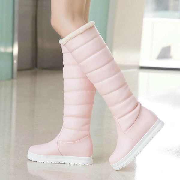 

boots winter warm knee high women platform wedges heels snow slip on ladies shoes white black pink