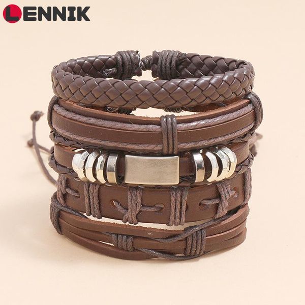 

punk brown charm link alloy handmade woven men leather bracelets women vintage bangle male jewelry accessories b82, Golden;silver
