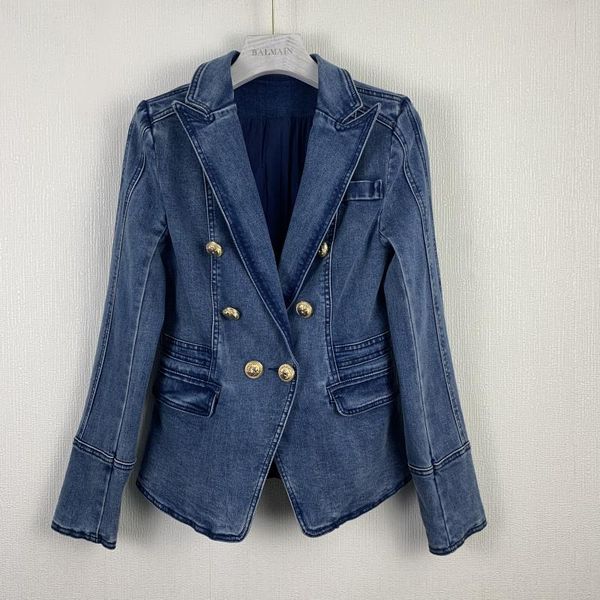 

women's jackets denim jacket autumn winter 2021 double breasted lion button buckle wash water jeans coat blazer cowboy, Black;brown