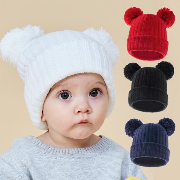 

caps & hats children's winter hat toddler baby kids melamed cap knit beanie with double fur pom poms bobble for boys and girls 0-3years, Yellow