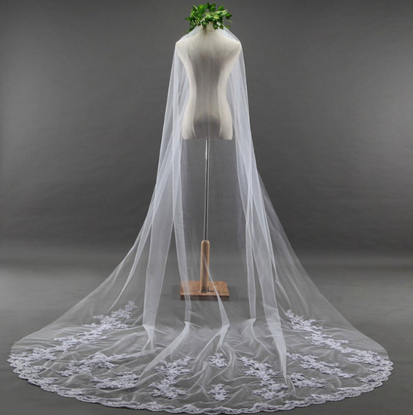 

bridal veils sheer thin cathedral wedding veil, hem lace, flower long veil hair accessory, Black