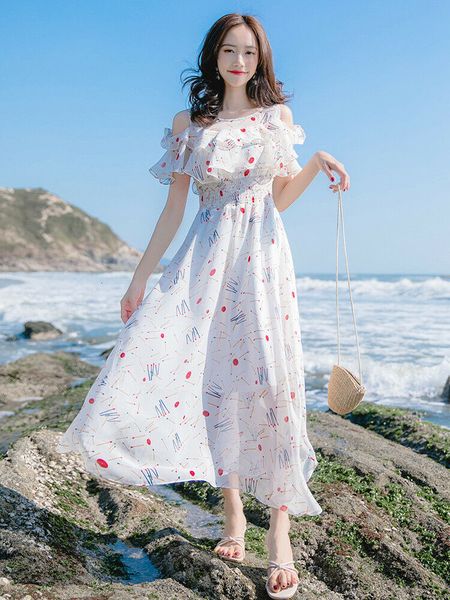 

women beach 2021 chiffon print summer shoulderless dress of white fairies lady womens party clothes egqq, Black;gray