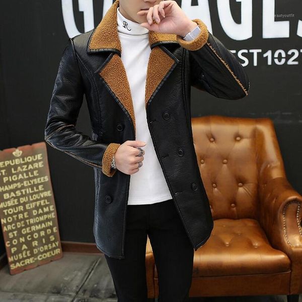 

men's fur & faux large size men clothing autumn plus velvet thicken pu leather long jacket one man leisure coat / m-3xl, Black