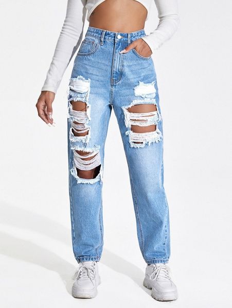 

high waisted ripped mom fit jeans 09zo#, Blue