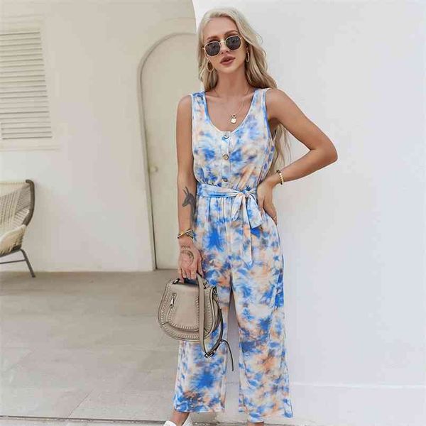 

fashion tie-dyed jumpsuit for womens homewear comtable with soft fabric summer casual long loose jumpsuits women 210508, Black;white