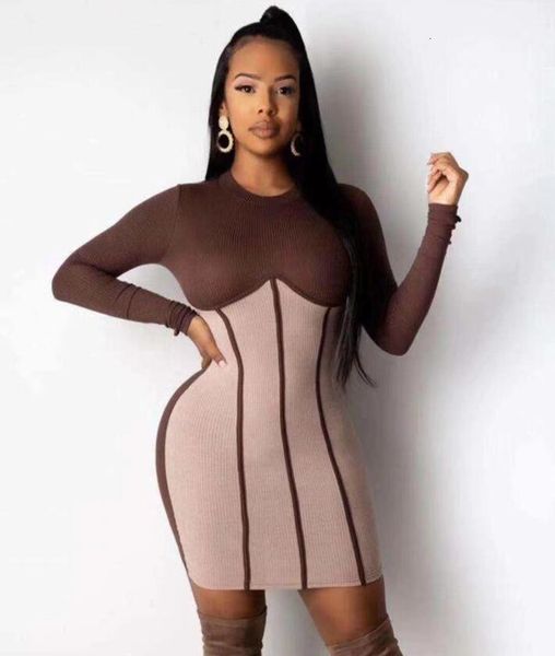 

dresses women long sleeve patchwork striped brown beige mini bodycon bandage 2021 elegant evening party vestidos, Black;gray