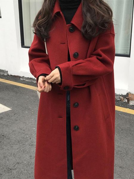 

women's wool & blends woolen dress female long 2021 autumn and winter korean version of the loose lantern sleeve red, Black