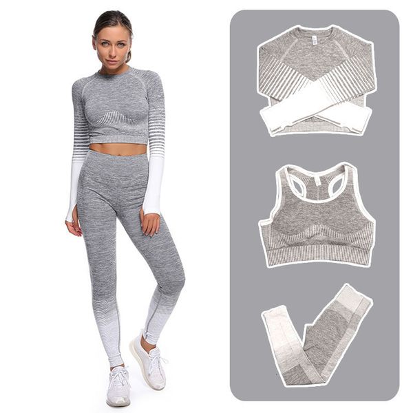 

seamless quick drying suit yoga fitness sports coat stripe, Gray