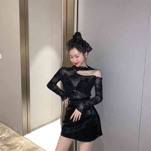 

spring perspective inside turtleneck shirt off-the-shoulder diamonds full print slim fit mesh ml743 210506, White