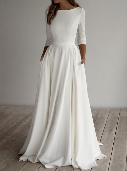 2021 Abiti da sposa semplici e modesti con maniche A-line Crepe Chiffon Eleganti abiti da sposa informali LDS con maniche Tasche per abiti religiosi su misura