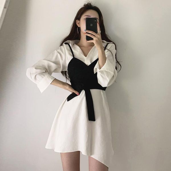 

casual dresses sannian women dress korean retro slim waist wrapped camisole + lapel solid color irregular clothes, Black;gray