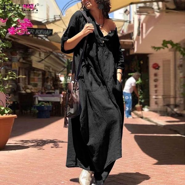 

casual dresses 2022 women's solid long sleeves vestidos maxi dress ladies round neck button pocket robe femme oversized, Black;gray