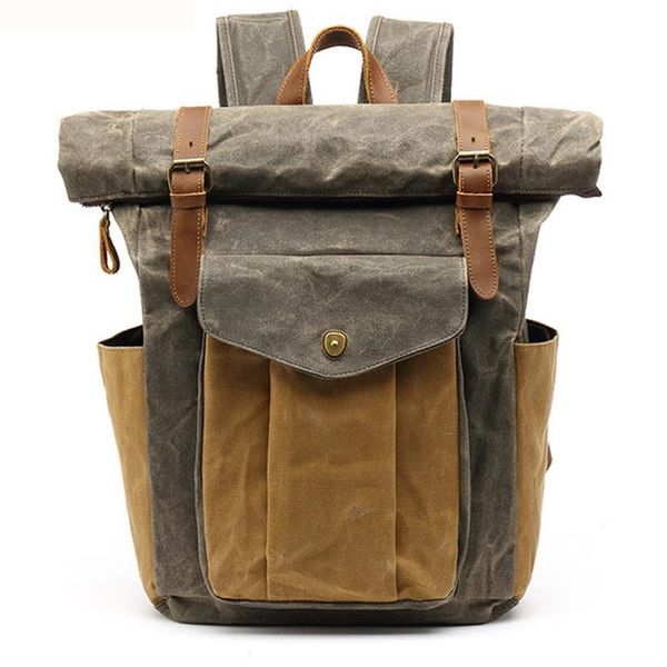 

backpack vintage oil waxed canvas leather large capacity teenager school bag traveling waterproof daypacks 14" lap rucksack