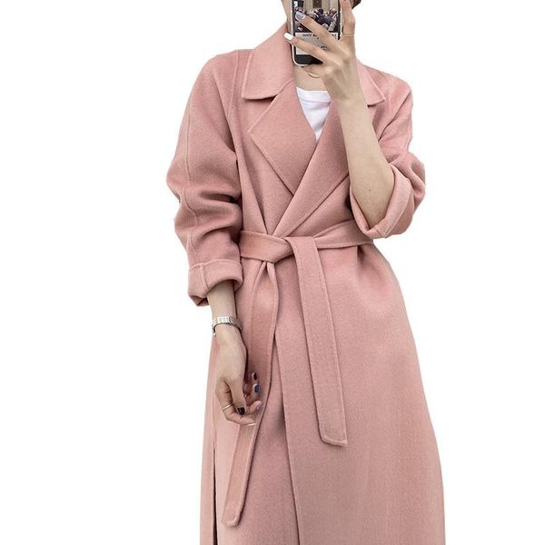 

women's wool & blends 2021 spring women double woolen coat turn down collar long pink color cashmere casaco feminino, Black