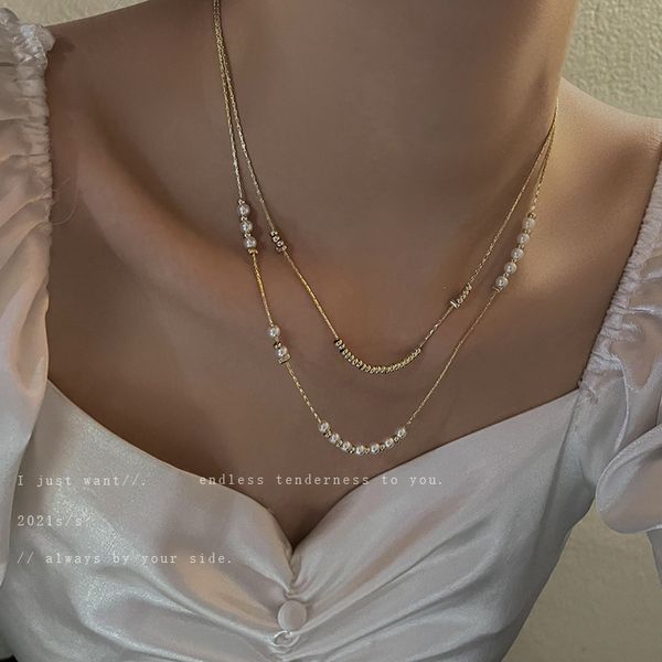 

real gold plated pearl ball splicing korean double-layer bamboo temperament sense clavicle chain small public necklace, Silver