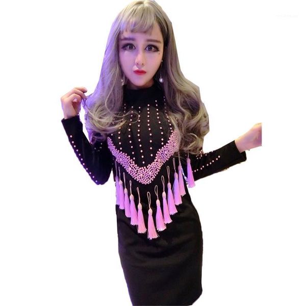 

casual dresses brand designer runway women dress autumn winter fashion luxury tassel beading long sleeve, Black;gray