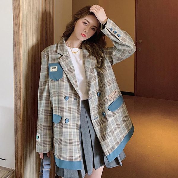 

[ewq] 2021 spring female elegante casual notched collar long-sleeved double breasted paneled blue plaid blazer coat 8p081 women's suits, White;black
