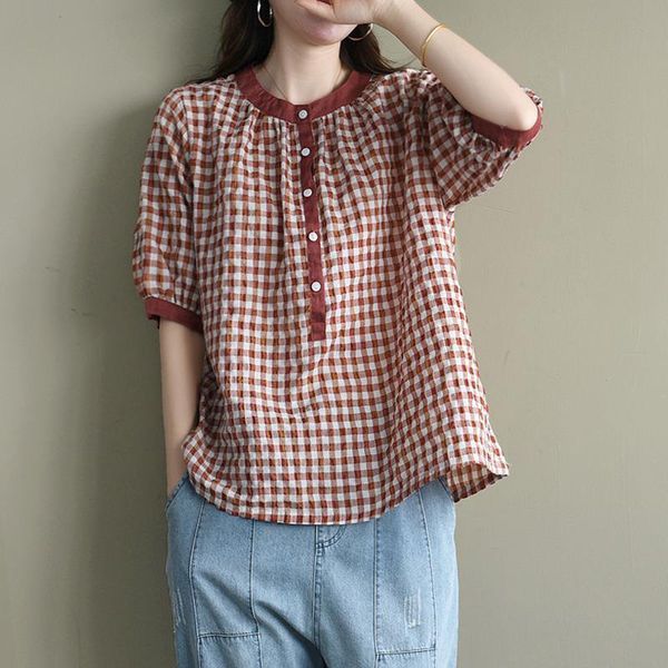 

t shirts summer arts style women short sleeve o-neck loose shirts cotton linen plaid casual blouse femme blusas plus size s771 ckab, White