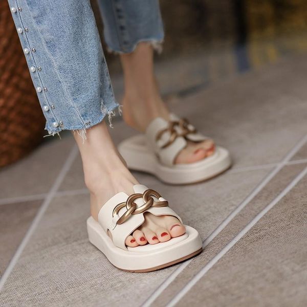 

slippers 2021 fashion women's shoes for summer retro solid chain thick soled female's outdoor stylish soft lady's sandals, Black