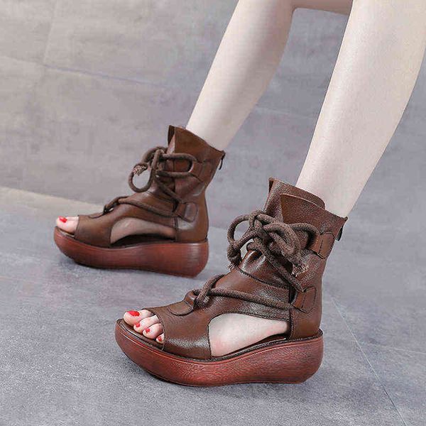 

spring and summer thick soled leisure hemp rope tied hairtail mouth hollowed out sandals leather retro roman high sandals, Black