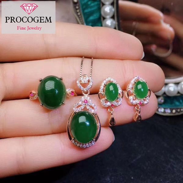

bracelet, earrings & necklace natural green jasper jewelry sets for women ladies plain genuine gemstones with zircon ring s925 silver #273, Black